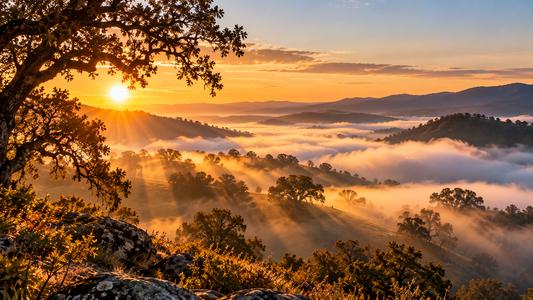 Golden morning sunlight filtering through fog and oak trees across rolling hills at sunrise.